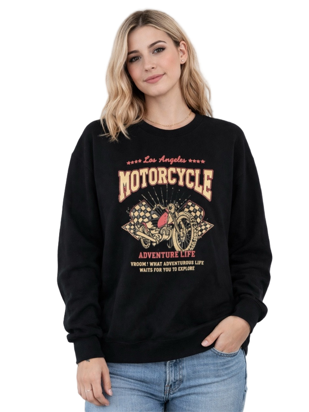 SHEIN Black Crewneck Sweatshirt with Motorcycle Graphic